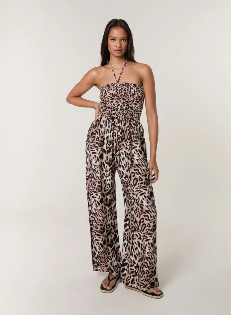 Blue Vanilla  Leopard Print Shirred Waist Jumpsuit for Women | Best Price UAE